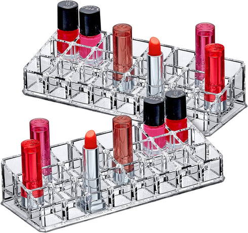 Amazing Abby - Glamour - 2-Pack 24-Slot Acrylic Lipstick Organizer, Lipstick Holder, Lip Gloss Organizer, Cosmetic Storage Display, Perfect Storage Solution for Drawer, Vanity, Bathroom, and More