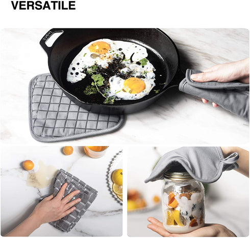 Koroda Oven Mitts and Pot Holders Sets: 550°F High Heat Resistant Oven Mitts with Kitchen Towels Thick Cotton Oven Gloves with Non-Slip Silicone for Cooking and Baking (6Pcs, Grey)