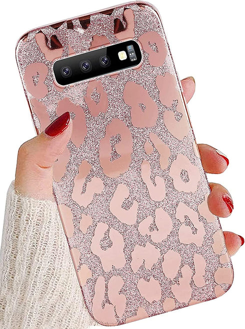 J.west Galaxy S10 Case 6.1-inch, Luxury Saprkle Bling Glitter Leopard Print Design Soft Metallic Slim Protective Phone Cases for Women Girls TPU Silicone Cover Case for Samsung S10 Rose Gold