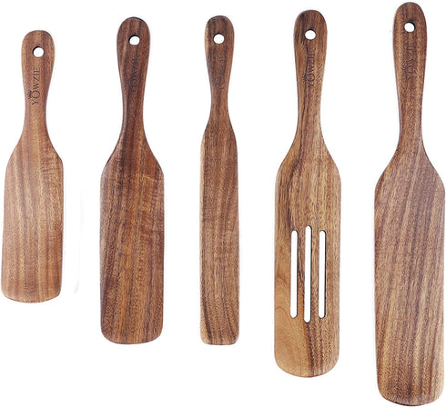 Yowzie Spurtle Shovel Scraper 5 Piece Kitchen Set Utensils Non-Stick Heat Resistant Insta-Pot Cookware Natural Slotted Acacia Wooden Set For Stirring Mixing Serving