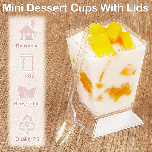 INDRAH 50 Pack 5 oz Clear Plastic Dessert Shooter Cups with Spoons and Lids/ Footed Dessert Shooters for Parfait, Appetizer, Dessert Shot Glasses & Party Serving Tumbler Cups
