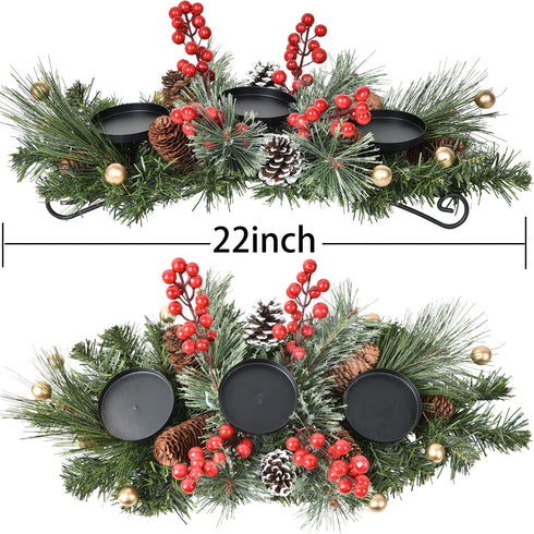 DearHouse Christmas Candle Holder Centerpiece, Pine Cones and Red Gold Berry Table Centerpiece with 3 Candle Holders Table Accent Centerpiece for Festival Home Decoration22 x10 x5(L x W x H)