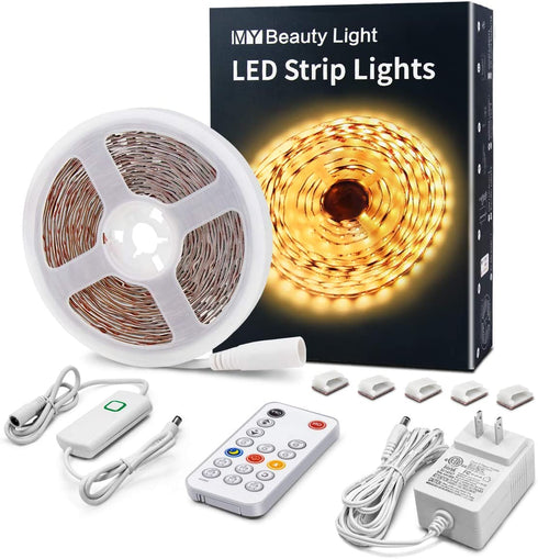 LED Strip Lights Warm White, 16.4ft Dimmable LED Light Strip with RF Remote, 300 Bright 3000K 2835 LEDs, Plug-in Adhesive Rope Lights with Timing Mode for Living Room Bedroom Kitchen Cabinet Mirror