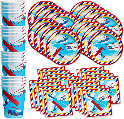 Airplane Birthday Party Supplies Set Plates Napkins Cups Tableware Kit for 16