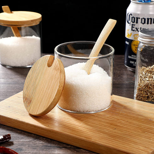 UPKOCH 2pcs Condiment Spice Jars Glass Condiment Seasoning Container Pots with Spoon Wood Lids Storage Canister for Kitchen