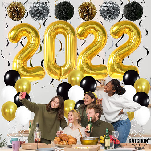 Gold 2022 Balloons Numbers Set - 40 Inch, Pompoms and Hanging Swirls | Black and Gold Graduation Decorations 2022 | Graduation Party Decorations 2022 | Class of 2022 Decorations, Graduation Balloons