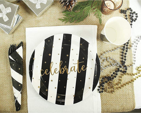Black and Gold Striped Celebrate Plates, Napkins, Cups, and Cutlery (Serves 24, 144 Pieces)