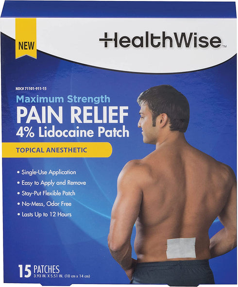HealthWise™ Maximum Strength Pain Relief 4% Lidocaine Patch, 15 Count, White