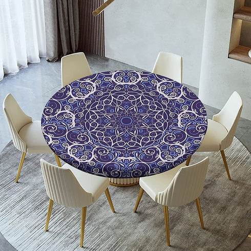 Navy Blue Kaleidoscope Flowers Fitted Tablecloth Round, Bohemian Style Elastic Edge Table Covers, Indoor Kitchen Dinning Room or Outdoor Picnic Party Dining Tables Decoration, Fits Tables 28" to 32"