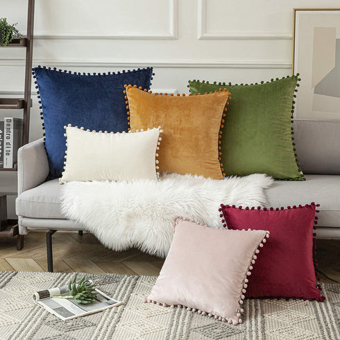 Ashler Throw Pillow Cases with Soft Pom Poms Velvet Plush Vibrant Elegant Cushion Covers, Pack of 2, Pink 26 x 26 inches 66 x 66 cm