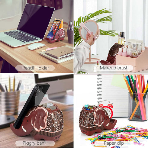 Pen Pencil Holder with Phone Stand, Coolbros Resin elephant Shaped Pen Container Cell Phone Stand Carving Brush Scissor Holder Desk Organizer Decoration for Office Desk Home Decorative (red)