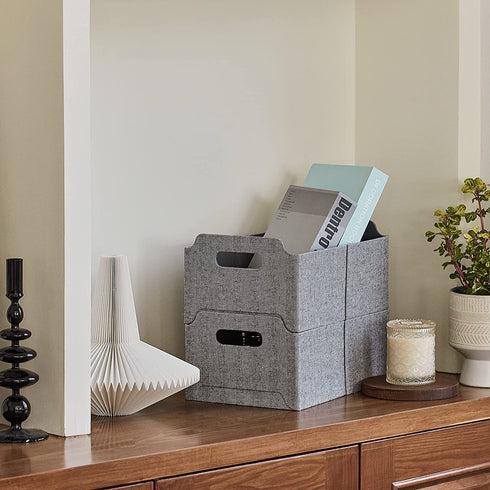 LA JOLIE MUSE Foldable Storage Baskets for Shelves, Stackable Rectangle Basket Set of 2 for Toys Makeup Books Closet Organizing, Modern Tweed Fabric, Grey