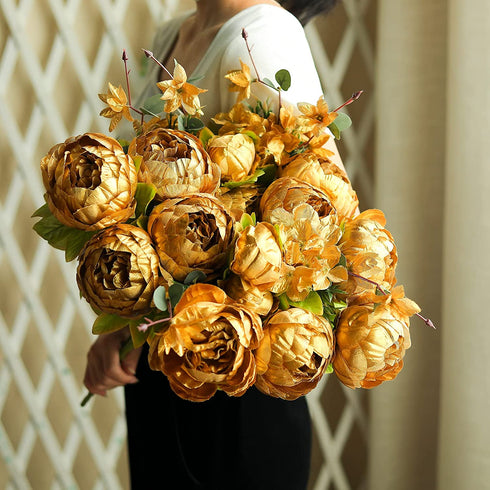 Nubry 2pcs Artificial Peony Silk Flowers Bouquet for Wedding Home Garden Decoration (Gold)