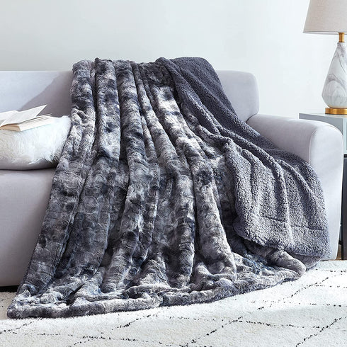 EHEYCIGA Faux Fur Sherpa Blanket Throw, Grey Tie-dye Fuzzy Plush Fluffy Soft Sherpa Fleece Throw Blanket for Sofa, Couch and Bed- 50x65 Inches