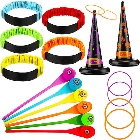 13 Pieces Halloween Egg and Spoon Race Game Set Legged Relay Race Bands Inflatable Witch Hat Ring Toss Game for Kids and Adults Halloween Party Games Outdoor Fun Games Party Lawn Carnival Games