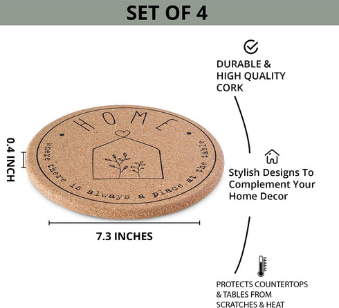 Perfect Housewarming Gift - Cork Trivet Hot Pads for Kitchen Counter | Set of 4 | 7.3 inches | Farmhouse Holder for Hot Dishes