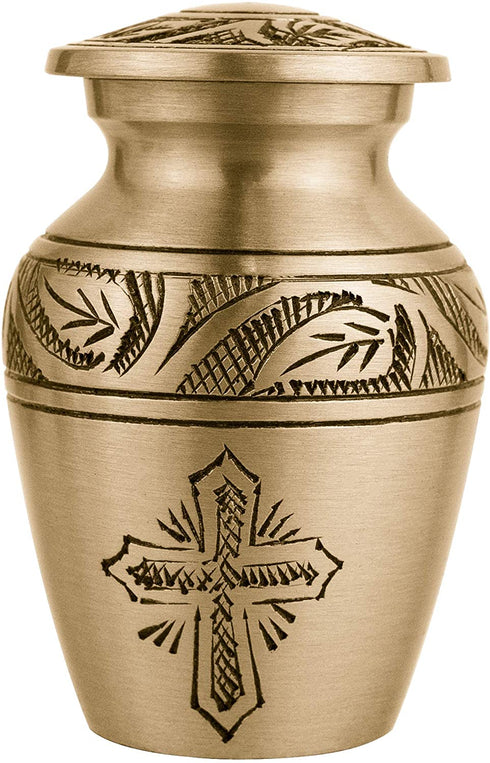 Bronze Cross Beautiful Small Mini Keepsake Urn for Human Ashes - Qnty 1 - With Velvet Bag
