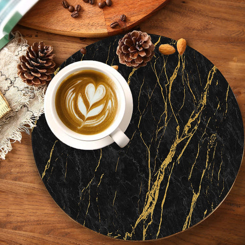 Round Cork Placemats for Dining Table Set of 4-13.7"Large Circles for Cork Hot Pads/Pots/Plates-Washable Waterproof Wipable Non Slip Stain for Kitchen Dining Table-Black Marble Golden Texture Pattern