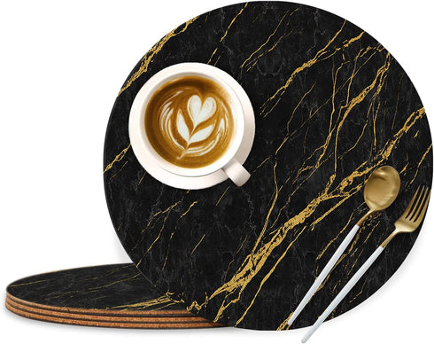 Round Cork Placemats for Dining Table Set of 4-13.7"Large Circles for Cork Hot Pads/Pots/Plates-Washable Waterproof Wipable Non Slip Stain for Kitchen Dining Table-Black Marble Golden Texture Pattern