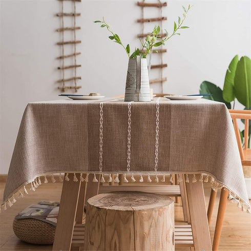 Fhberni Cotton Linen Stitching Tassel Tablecloth Embroidery Square Table Cover for Party Kitchen Dining Room Tabletop Decoration (Light Coffee, 55 x 55 Inch)
