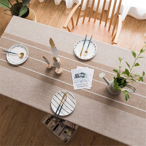 Fhberni Cotton Linen Stitching Tassel Tablecloth Embroidery Square Table Cover for Party Kitchen Dining Room Tabletop Decoration (Light Coffee, 55 x 55 Inch)