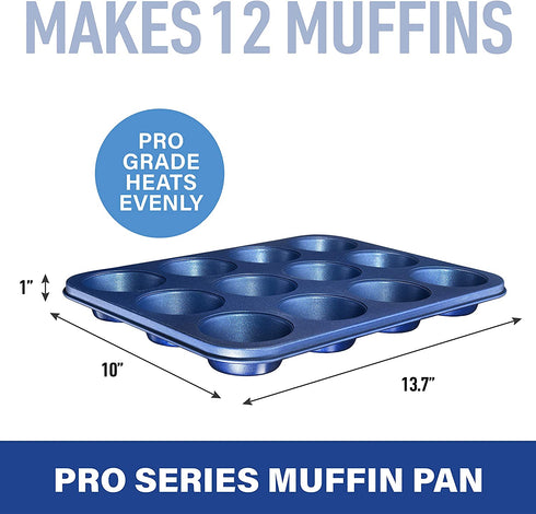 Granitestone 12 Cup Muffin Pan, Cupcake Pan Nonstick Blue Bakeware for Standard Size Muffins, 12 Cup Muffin Tin with Even Heat & Non-Warp Technology, Ultra Nonstick Mineral Coating, Dishwasher Safe