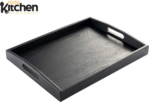 mdaKitchen Serving Tray with Handles and Non-Slip Mat, Wood Large Black Rustic Butler Rectangle Tray for Breakfast in Bed, Ottoman Food Coffee Tea Table Tray for Eating 17" x 13" x 2" (Red)