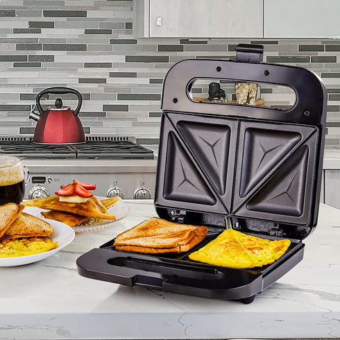 Ovente Electric Indoor Sandwich Grill Maker with Non-Stick Cast Iron Grilling Plates, 750W Countertop Bread Toaster Easy Storage & Clean Perfect for Breakfast Grilled Cheese Egg & Steak, Black GPS401B