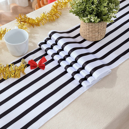 HYCC 10-Pack Stripes Satin Table Runner for Wedding/Bridal Shower Birthdays/Baby Shower and Special Events (Black/White, 12"X 108")