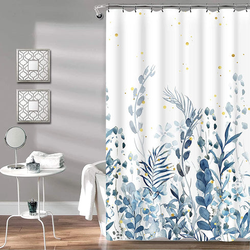 Blue and Grey Shower Curtain, Floral Shower Curtain with 12 Hooks, Teal Plant Shower Curtain, Botanical Nature Leaf Shower Curtain, Waterproof Shower Curtains for Bathroom