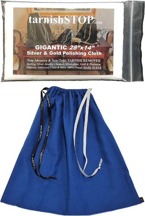 Save 4.00 Bundle, TarnishSTOP, USA Made, (18"x18", Blue) Luxury Anti-Tarnish Prevention Cloth Bag, Silver Storage, Sterling, Jewelry, Flatware, Silverplate, & Silver Polishing Cloth Tarnish Removal