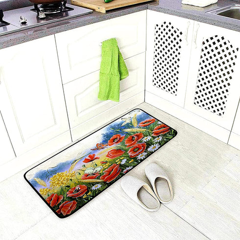 Spring Poppy Kitchen Rug Sunflower Daisy Butterfly Kitchen Mat Chamomile Bee Floral Leaves Floor Mat Non Slip Area Rugs for Home Decor 39" X 20"