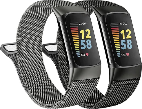 Tobfit Metal Band Compatible with Fitbit Charge 5 Bands for Women Men, Magnetic Clasp Stainless Steel Mesh Loop Strap (Black & Space Gray)
