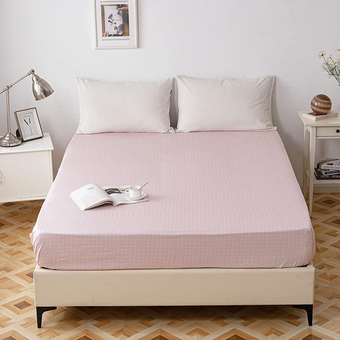 AOJIM Pure Cotton Printing Fitted Sheet Twin Size 39"x75" with 15" Deep Pocket Design Pink Grids Mattress Cover for Kids/Adults / Only One Piece