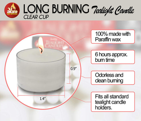 Ner Mitzvah Long Lasting Tealight Candles - 6 Hours - White in Clear Cups - Unscented - 40 Pack - Made in EU