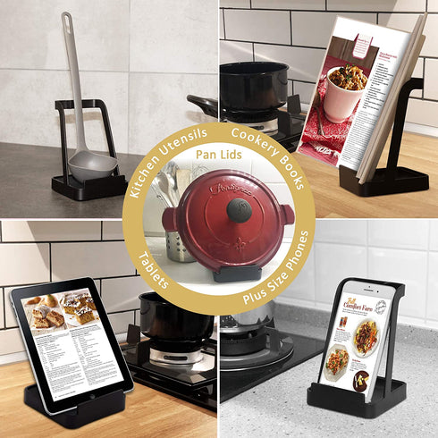 Lords of London Upright Spoon Rest & Crockpot Lid Holder. Vertical Spoon Rest & Lid Holder For Cooking. Use for Ladles, Pot Lids, Tablets & Cookbook
