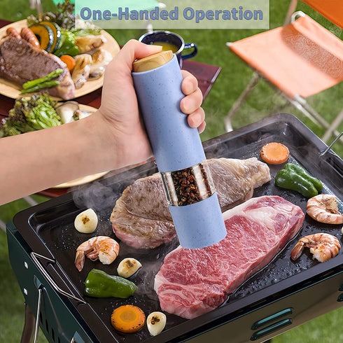 Electric Salt and Pepper Grinder Set, Battery Powered Automatic Gravity Peper Mill, Electronic Refillable Adjustable Coarseness Spice Shaker with Lid Stand Holder, Pack of 2 Blue