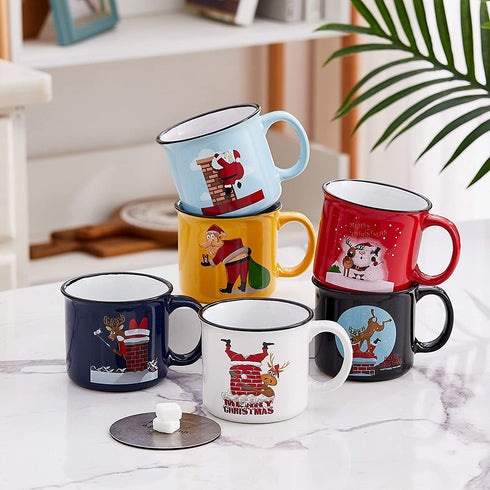 Set of 6 Coffee Mug Set Large-sized 14 Ounce Christmas Theme Ceramic Coffee Mugs - Holiday Funny Novelty Merry Christmas Mugs, Christmas Decoration Christmas Gift