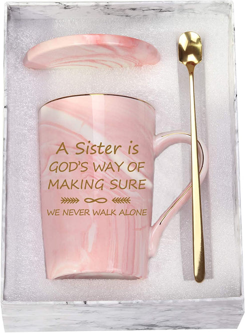 Sister Coffee Mug A Sister Is Gods Way of Making Sure We Never Walk Alone Cup Coffee Mug Birthday Gifts for Sister In Law from Sister Brother Sister Sis Mug 14 Ounce Pink with Gift Box Spoon Coaster