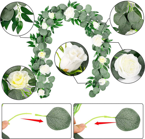 AGEOMET 2pcs Artificial Eucalyptus Garland with Flowers Greenery Garland Willow Vines White Rose Garland, Faux Silver Dollar for Fireplace Mantle Table Wedding Party Garden Boho Room Decor