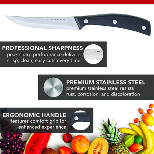 Emeril Lagasse Steak Knife Set of 8, 4.5? Stainless Steel Serrated Blades, Premium Kitchen Steak Knife Set with Black Handles