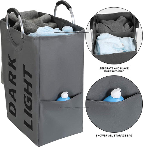 Double Laundry Hamper with Comfortable Handle, Waterproof Oxford Cloth Laundry Basket,Self-Standing Clothes Hamper,Folding Storage Organizers for Dorm Room (Dark Gray)