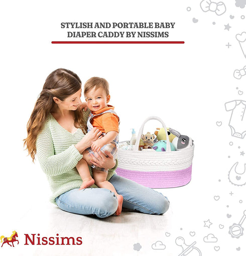 Baby Diaper Caddy Organizer Basket for Changing Table - Large Compact and Portable Woven Cotton Rope and Canvas Nursery Basket with 3 Divisions - Unisex Stylish GrayWhite - 14x8.5x7 Inches