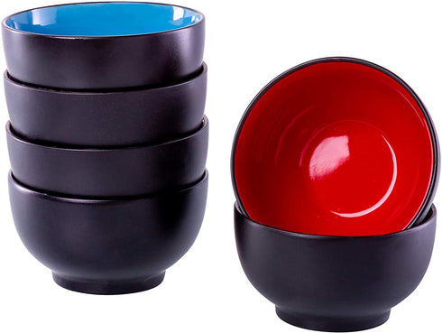 Klikel 6 Pack of Soup Bowls - Dishwasher And Microwave Safe Ceramic Bowl Set - Black With Color Inside - Large 18oz - 5 1/2 Inch Round