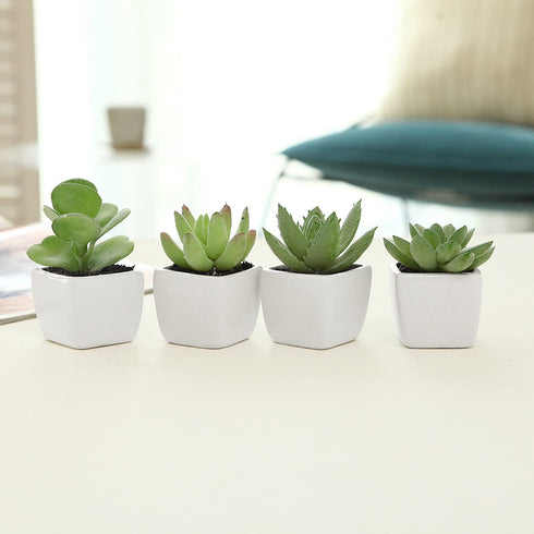 MyGift Mini Assorted Artificial Succulent Fake Indoor House Plants in Square White Ceramic Pots, Set of 4
