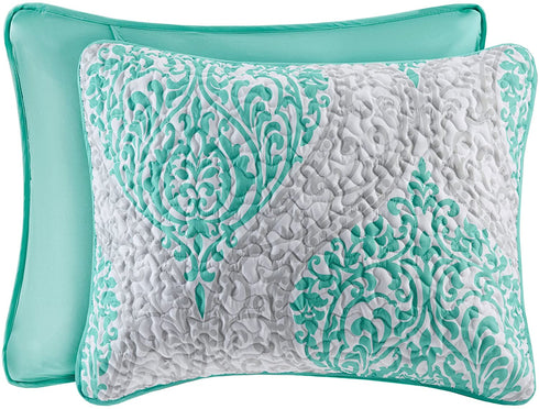 Comfort Spaces Coco 2 Piece Quilt Coverlet Bedspread Ultra Soft Printed Damask Pattern Hypoallergenic Bedding Set, Twin/Twin XL, Teal - Grey