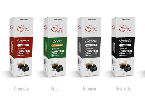 Italian Coffee capsules compatible with Starbucks Verismo, CBTL, Caffitaly, K-fee systems (Sampler, 4 flavors, 40 pods tot., No decaf)