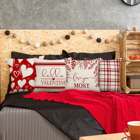 Whaline Happy Valentine's Day Pillow Covers Heart Buffalo Plaid Throw Cushion Cover Red White Love You Most Pillow Case for Farmhouse Home Office Sofa Bed Party Decoration, 18 x 18inch, Set of 4
