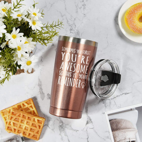 Thank You Gifts for Women, You're Awesome Travel Tumbler, Graduation Appreciation Birthday Gift for Her Teacher Friend Mom Wife, Insulated Stainless Steel Travel Tumbler with 2 Lids(20 oz, Rose Gold)