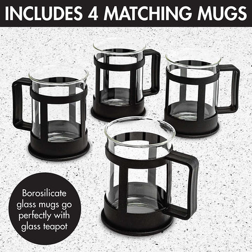 Primula Half Moon Teapot Set with 4 Tea Cups, Removable Infuser, Borosilicate Glass Tea Maker, Stainless Steel Filter, Dishwasher Safe, 40-Ounce, Tea Gift Set, Tea Set for Service of 4 Adults